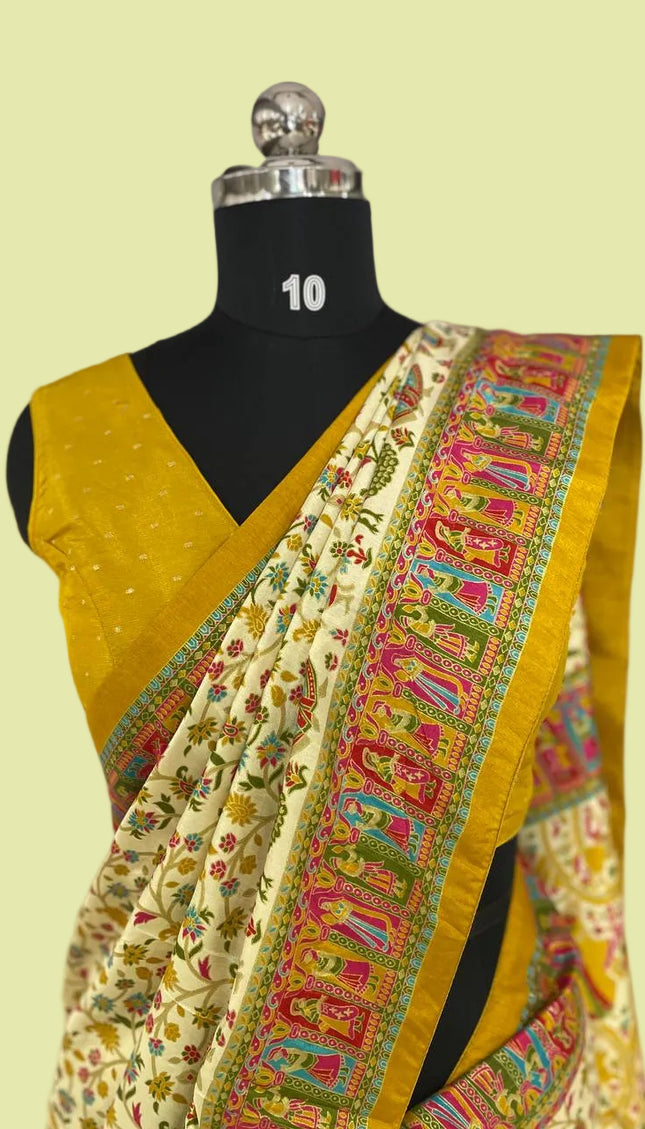 Cream And Yellow Dolla Silk Designer Saree with Digital Print & Red Border |DS32_2