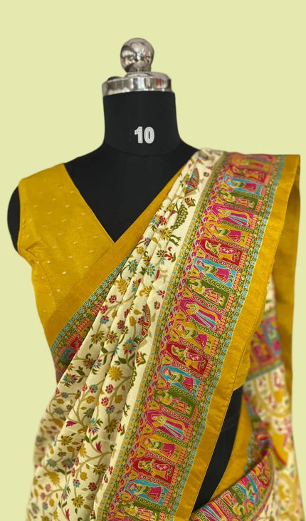Cream And Yellow Dolla Silk Designer Saree with Digital Print & Red Border |DS32_2