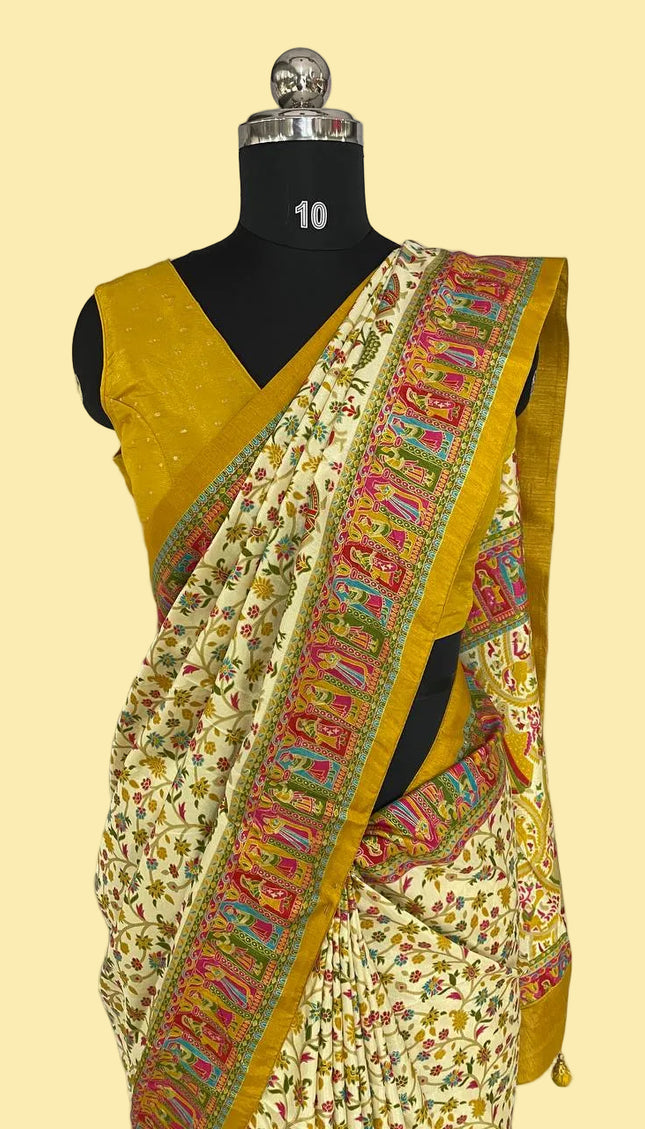 Cream And Yellow Dolla Silk Designer Saree with Digital Print & Red Border |DS32_2