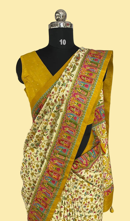 Cream And Yellow Dolla Silk Designer Saree with Digital Print & Red Border |DS32_2