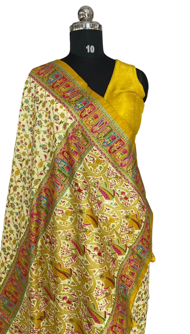 Cream And Yellow Dolla Silk Designer Saree with Digital Print & Red Border |DS32_2