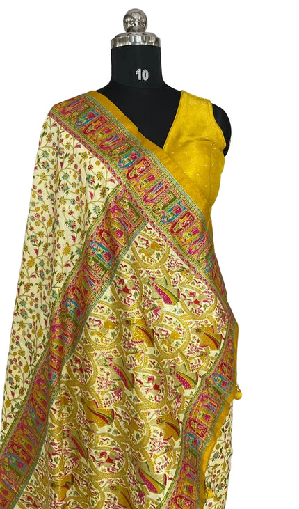 Cream And Yellow Dolla Silk Designer Saree with Digital Print & Red Border |DS32_2