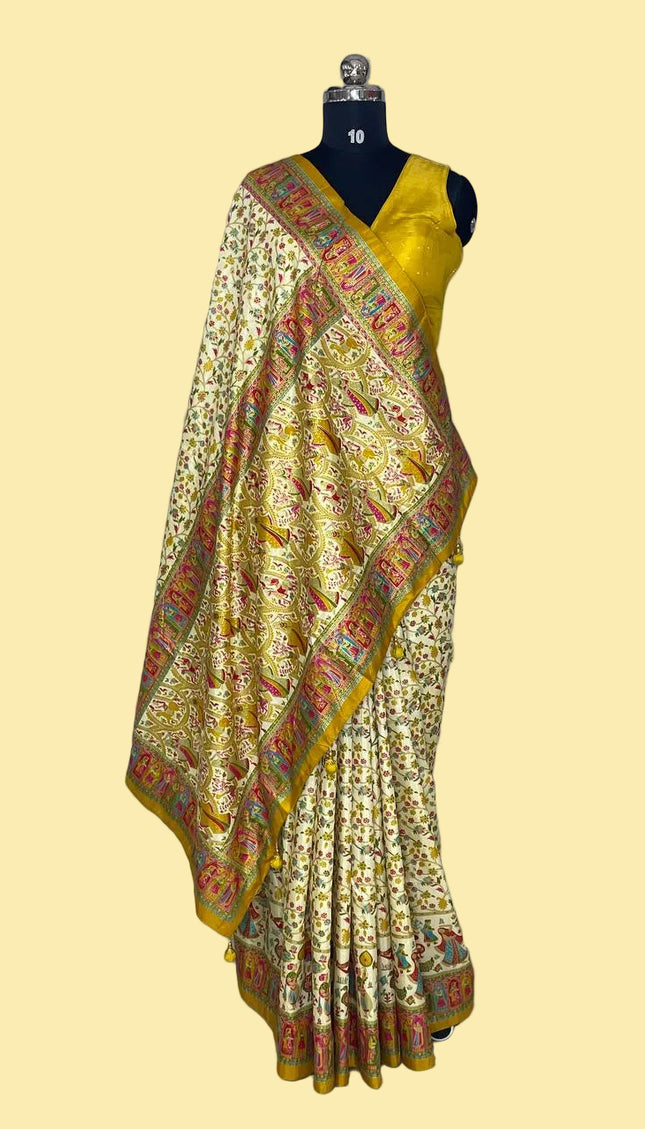 Cream And Yellow Dolla Silk Designer Saree with Digital Print & Red Border |DS32_2