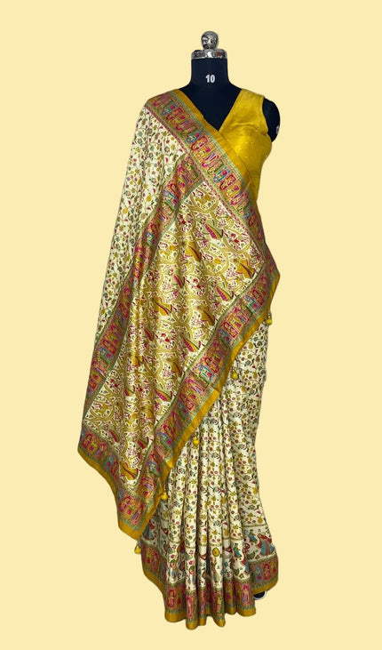 Cream And Yellow Dolla Silk Designer Saree with Digital Print & Red Border |DS32_2