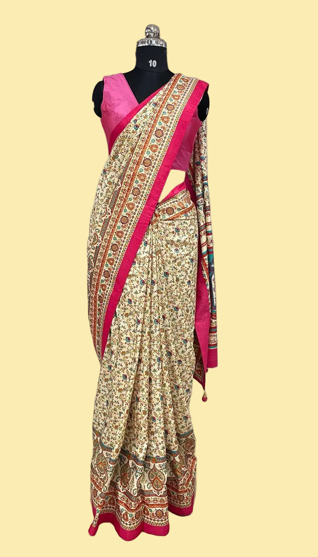 Cream and pink  Dolla Silk Designer Saree with Digital Print & Self Border |DS33_8