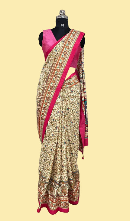Cream and pink  Dolla Silk Designer Saree with Digital Print & Self Border |DS33_8