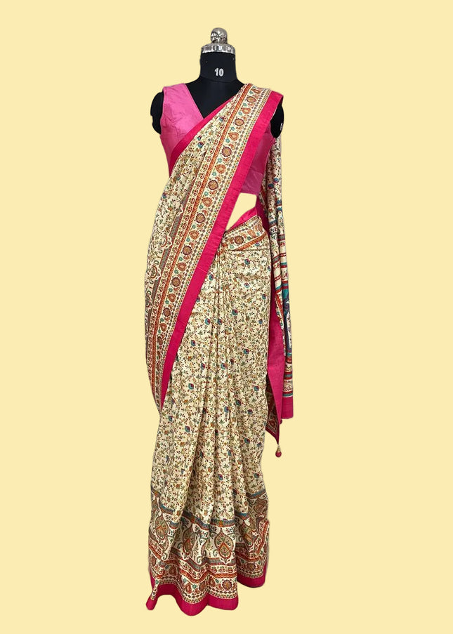 Cream and pink  Dolla Silk Designer Saree with Digital Print & Self Border |DS33_8