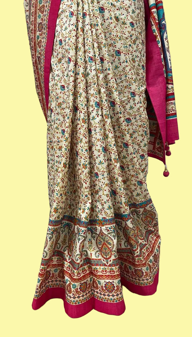 Cream and pink  Dolla Silk Designer Saree with Digital Print & Self Border |DS33_8