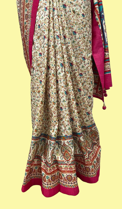 Cream and pink  Dolla Silk Designer Saree with Digital Print & Self Border |DS33_8
