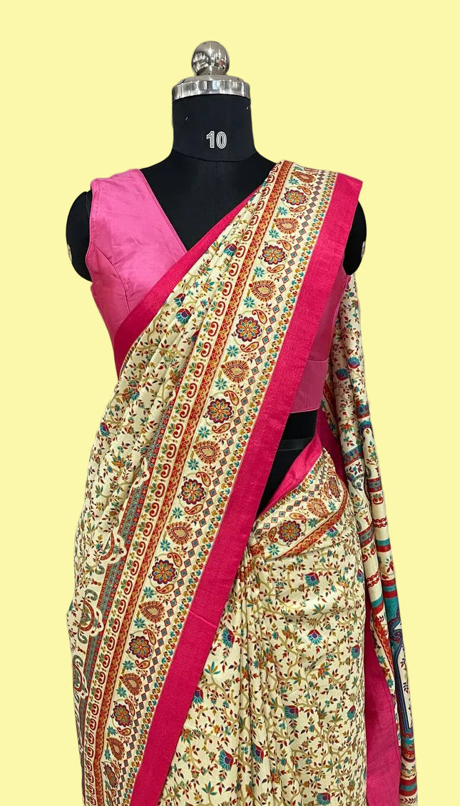 Cream and pink  Dolla Silk Designer Saree with Digital Print & Self Border |DS33_8
