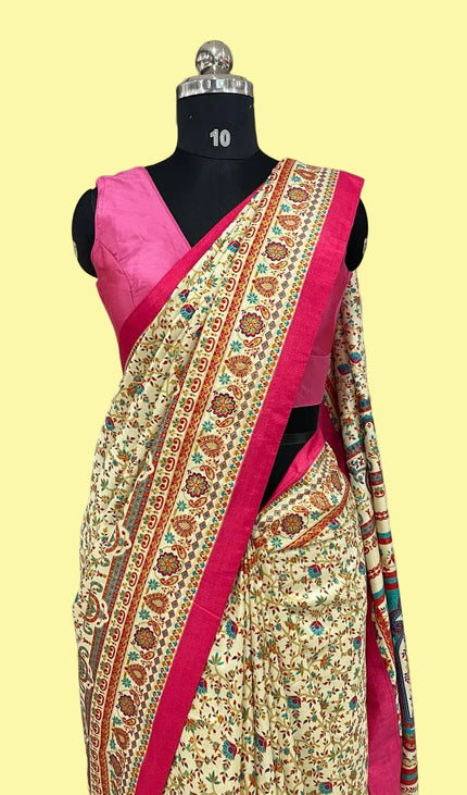 Cream and pink  Dolla Silk Designer Saree with Digital Print & Self Border |DS33_8