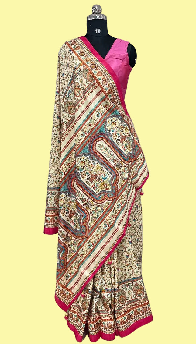 Cream and pink  Dolla Silk Designer Saree with Digital Print & Self Border |DS33_8