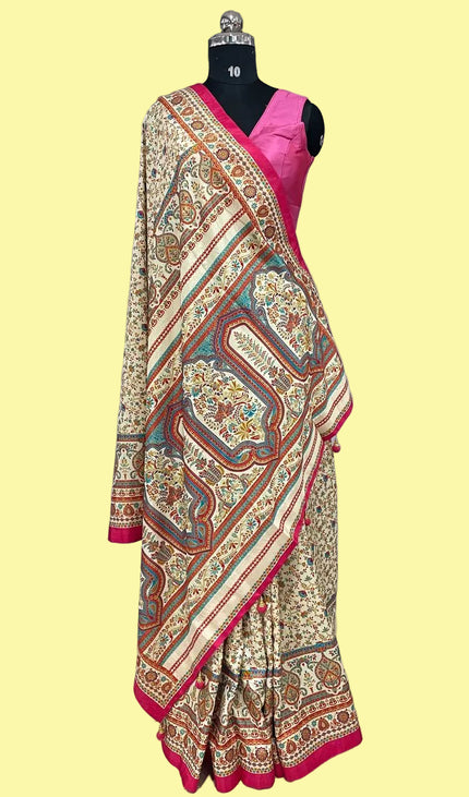 Cream and pink  Dolla Silk Designer Saree with Digital Print & Self Border |DS33_8