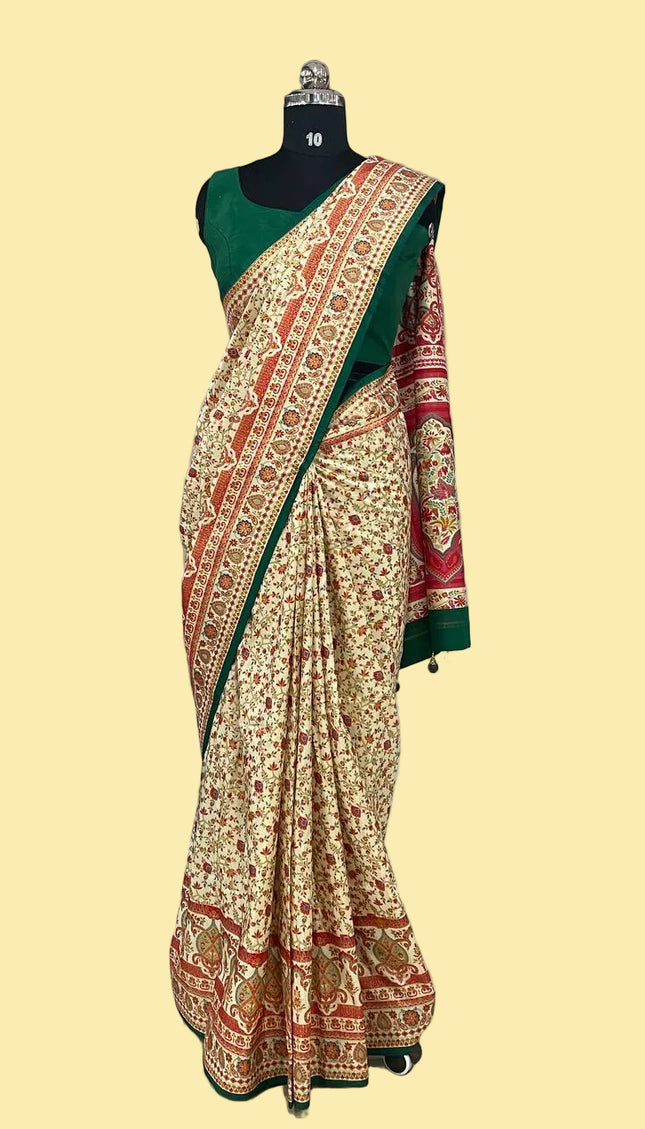 Green and cream Dolla Silk Designer Saree with Digital Print & Self Border |DS33_9