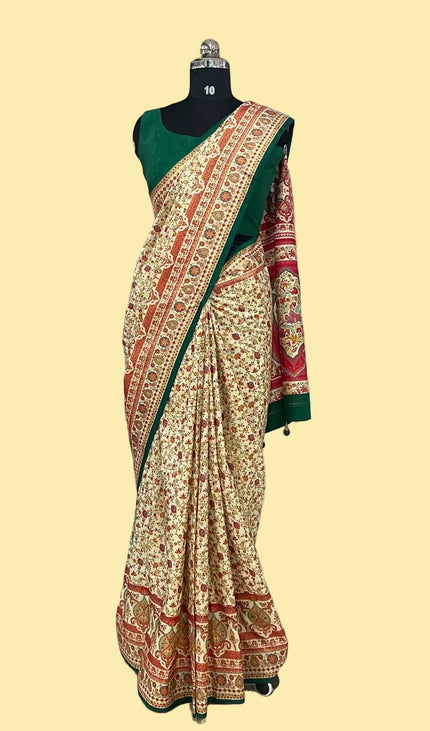 Green and cream Dolla Silk Designer Saree with Digital Print & Self Border |DS33_9