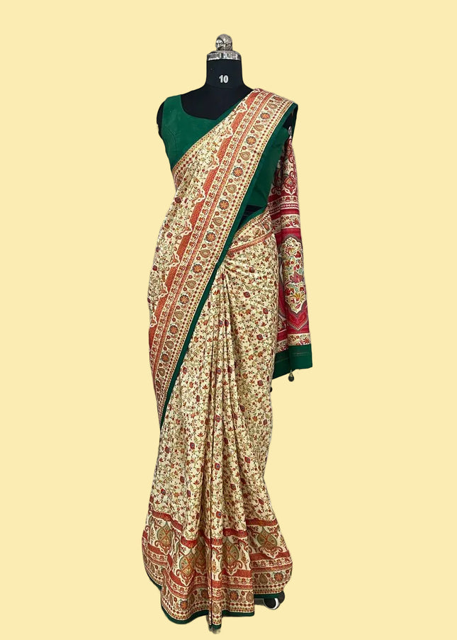 Green and cream Dolla Silk Designer Saree with Digital Print & Self Border |DS33_9