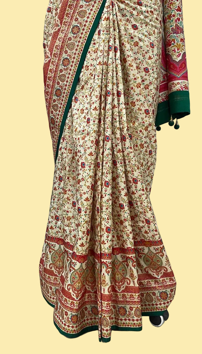Green and cream Dolla Silk Designer Saree with Digital Print & Self Border |DS33_9
