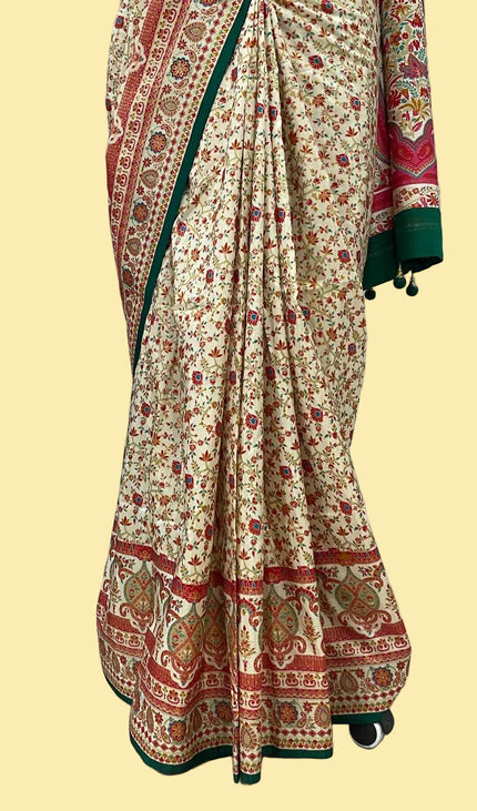 Green and cream Dolla Silk Designer Saree with Digital Print & Self Border |DS33_9