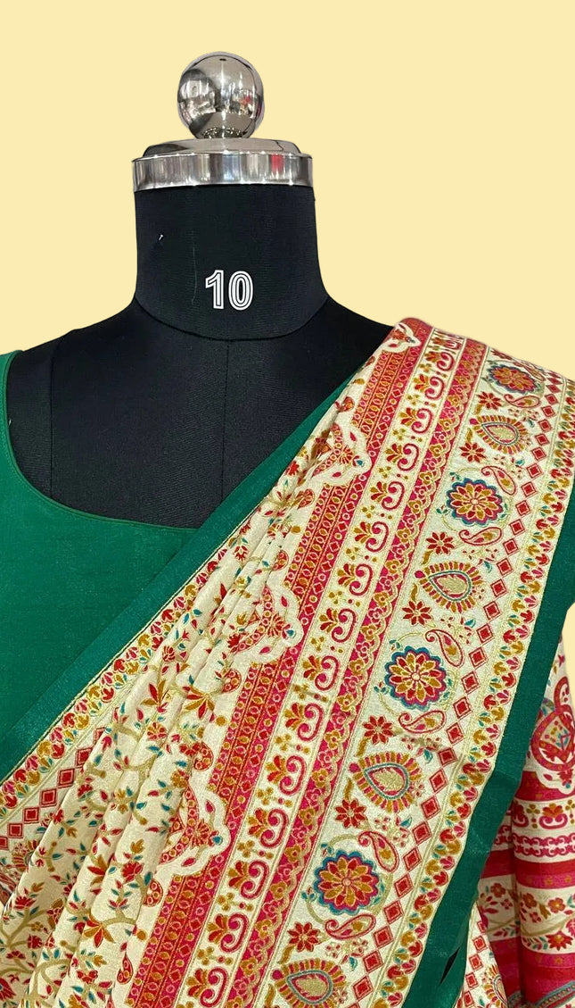 Green and cream Dolla Silk Designer Saree with Digital Print & Self Border |DS33_9