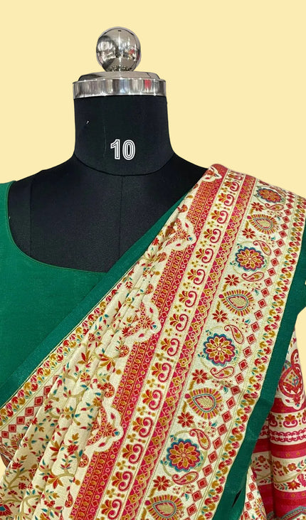 Green and cream Dolla Silk Designer Saree with Digital Print & Self Border |DS33_9