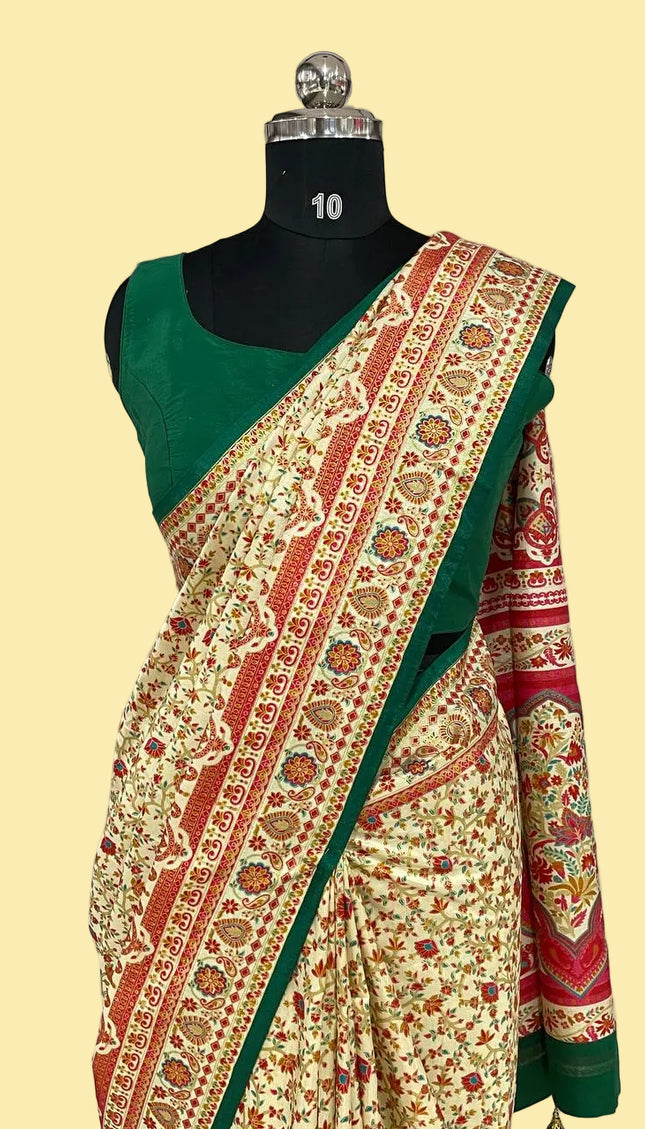 Green and cream Dolla Silk Designer Saree with Digital Print & Self Border |DS33_9