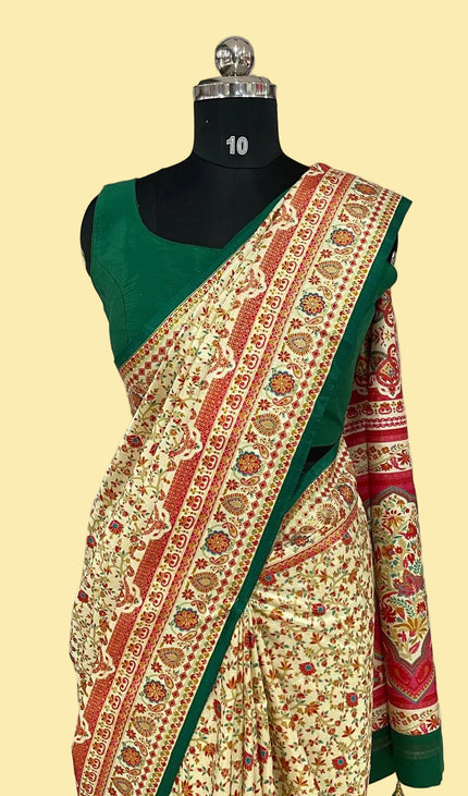 Green and cream Dolla Silk Designer Saree with Digital Print & Self Border |DS33_9