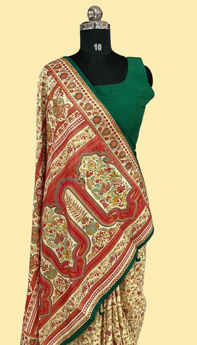 Green and cream Dolla Silk Designer Saree with Digital Print & Self Border |DS33_9