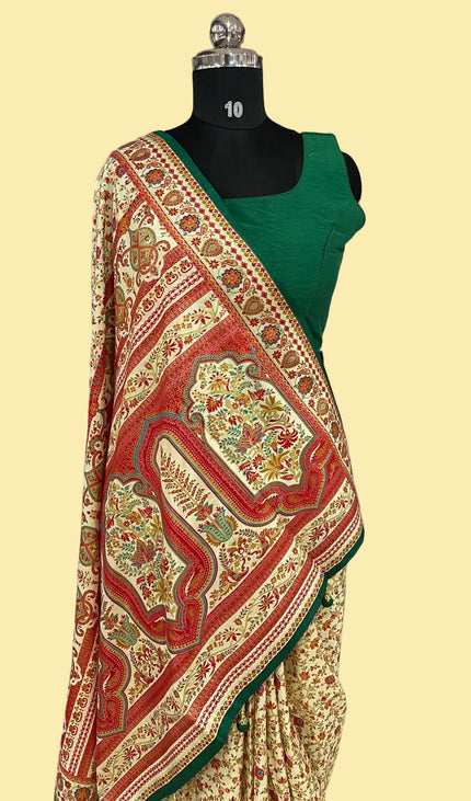 Green and cream Dolla Silk Designer Saree with Digital Print & Self Border |DS33_9