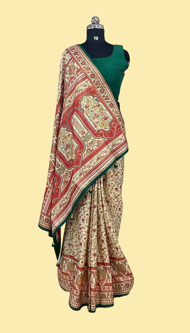 Green and cream Dolla Silk Designer Saree with Digital Print & Self Border |DS33_9