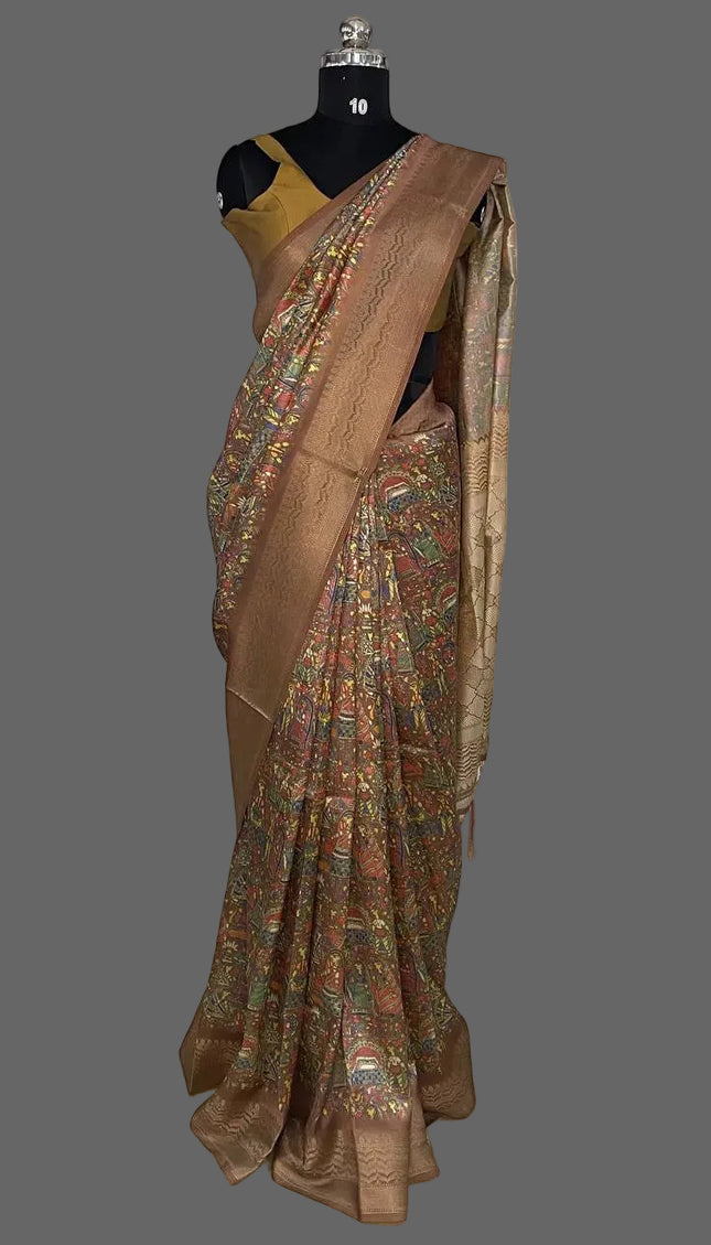 Dark Brown Dolla Silk Designer Saree with Multicolor Artistic Print |DS31_3