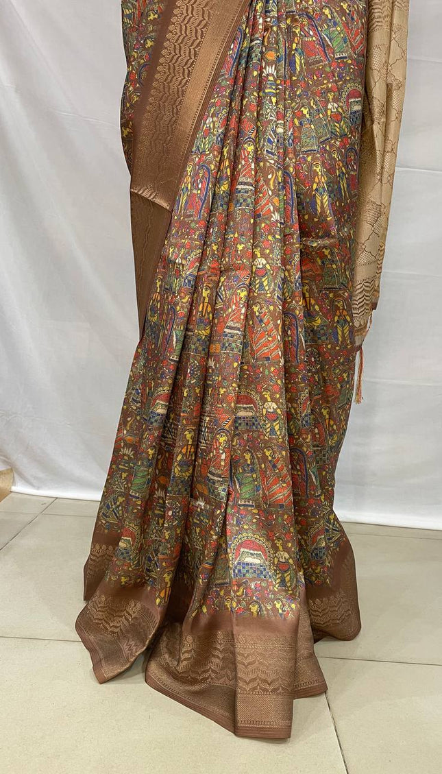 Dark Brown Dolla Silk Designer Saree with Multicolor Artistic Print |DS31_3