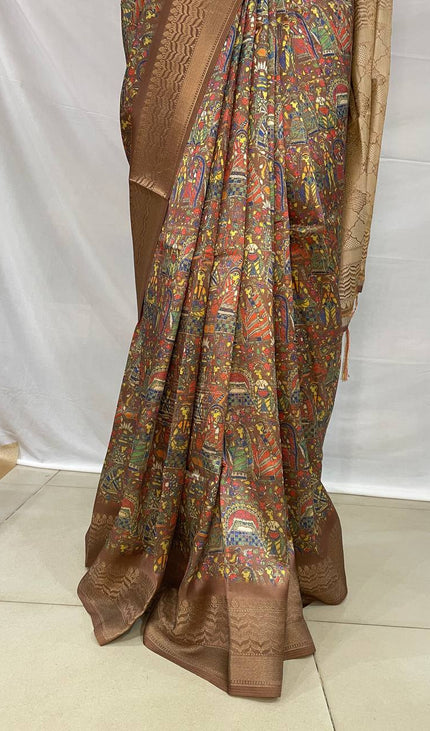 Dark Brown Dolla Silk Designer Saree with Multicolor Artistic Print |DS31_3