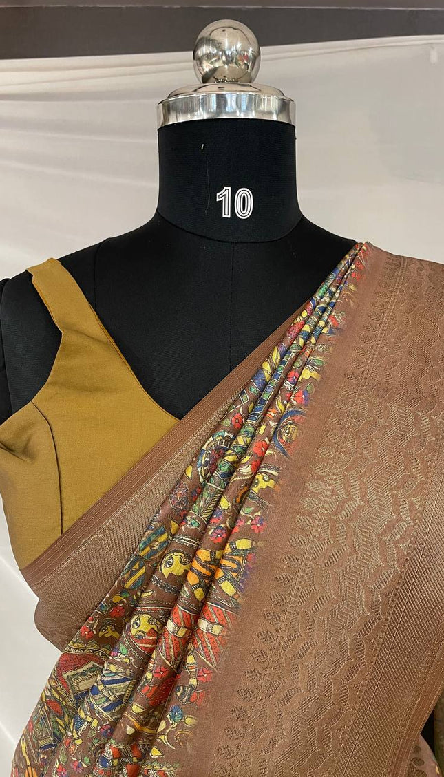 Dark Brown Dolla Silk Designer Saree with Multicolor Artistic Print |DS31_3