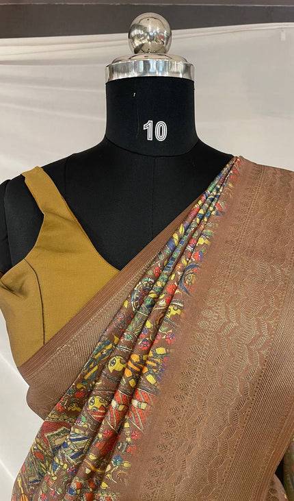 Dark Brown Dolla Silk Designer Saree with Multicolor Artistic Print |DS31_3