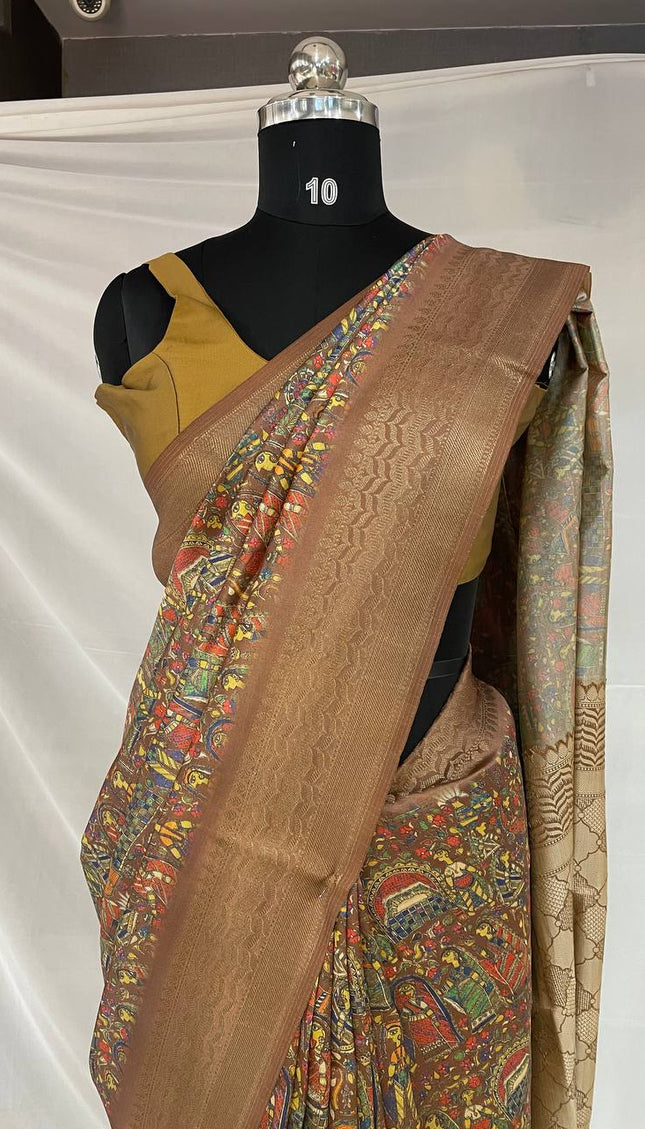 Dark Brown Dolla Silk Designer Saree with Multicolor Artistic Print |DS31_3