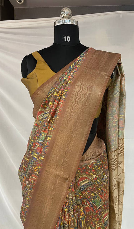 Dark Brown Dolla Silk Designer Saree with Multicolor Artistic Print |DS31_3