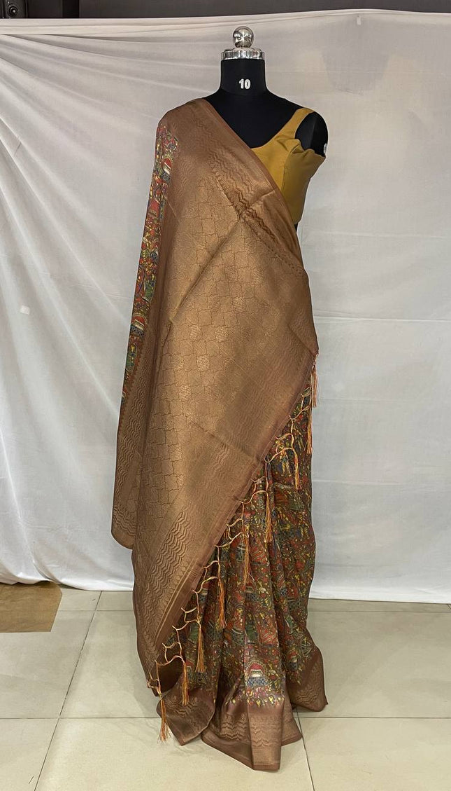 Dark Brown Dolla Silk Designer Saree with Multicolor Artistic Print |DS31_3