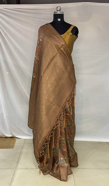 Dark Brown Dolla Silk Designer Saree with Multicolor Artistic Print |DS31_3