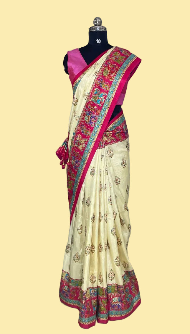 Cream And Pink Silk Designer Saree with  Digital Print & Red Border |DS32_6