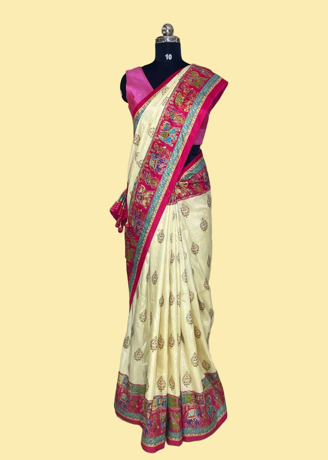Cream And Pink Silk Designer Saree with  Digital Print & Red Border |DS32_6
