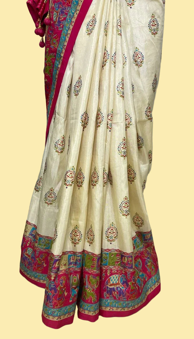 Cream And Pink Silk Designer Saree with  Digital Print & Red Border |DS32_6