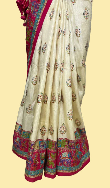 Cream And Pink Silk Designer Saree with  Digital Print & Red Border |DS32_6