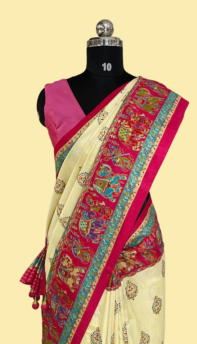 Cream And Pink Silk Designer Saree with  Digital Print & Red Border |DS32_6