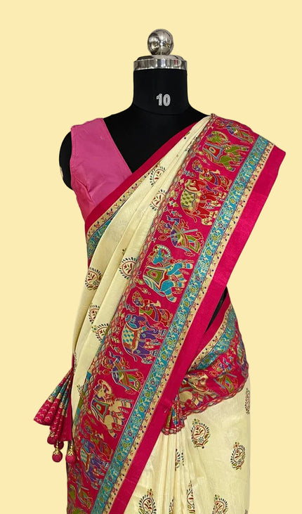 Cream And Pink Silk Designer Saree with  Digital Print & Red Border |DS32_6