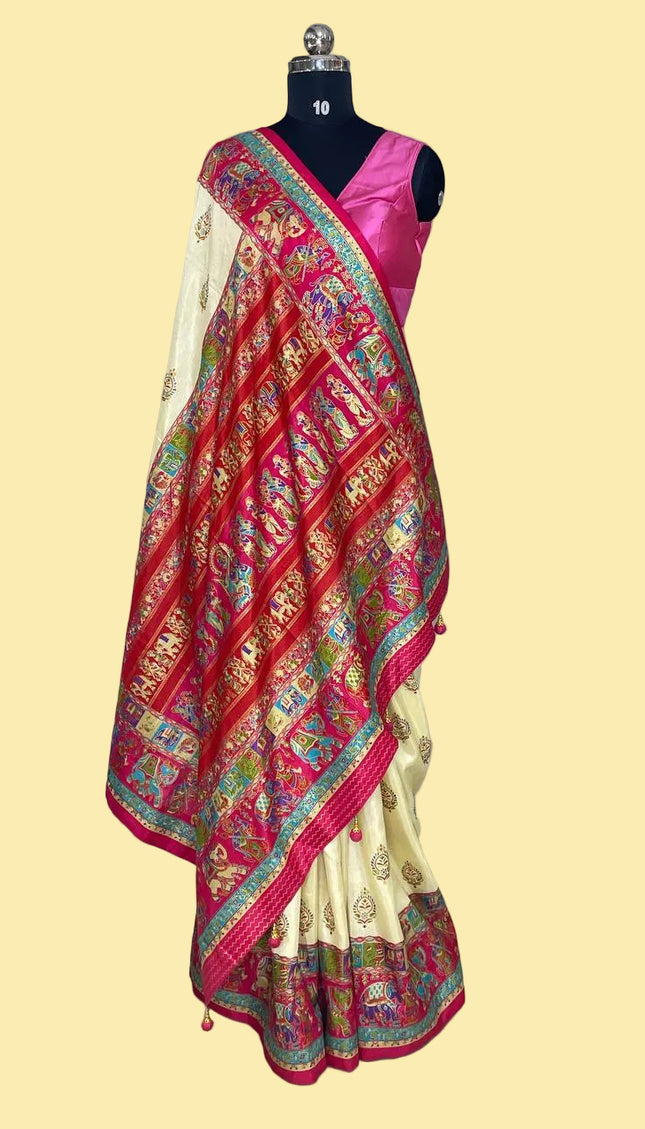 Cream And Pink Silk Designer Saree with  Digital Print & Red Border |DS32_6