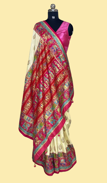 Cream And Pink Silk Designer Saree with  Digital Print & Red Border |DS32_6