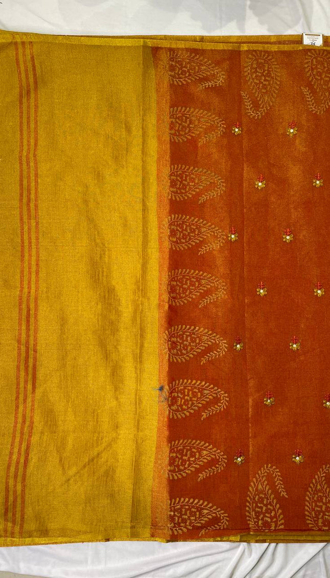 Orange Tissue Silk Saree with Gold Zari Motifs & Contrast Pallu |DS29_1
