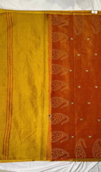 Orange Tissue Silk Saree with Gold Zari Motifs & Contrast Pallu |DS29_1