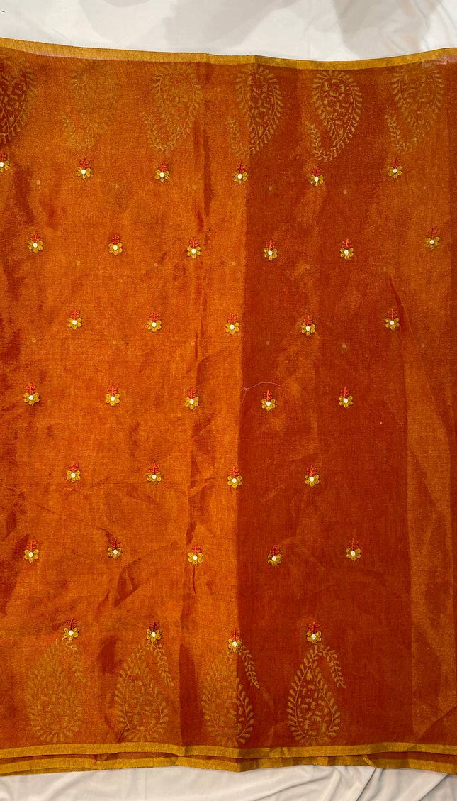 Orange Tissue Silk Saree with Gold Zari Motifs & Contrast Pallu |DS29_1