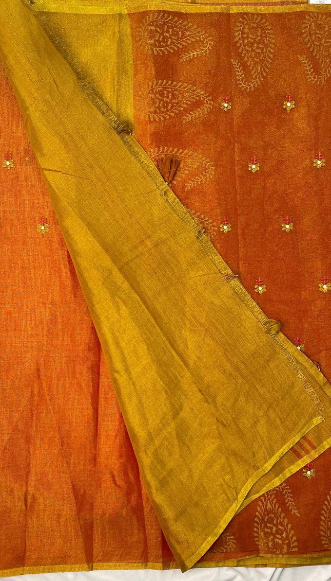 Orange Tissue Silk Saree with Gold Zari Motifs & Contrast Pallu |DS29_1